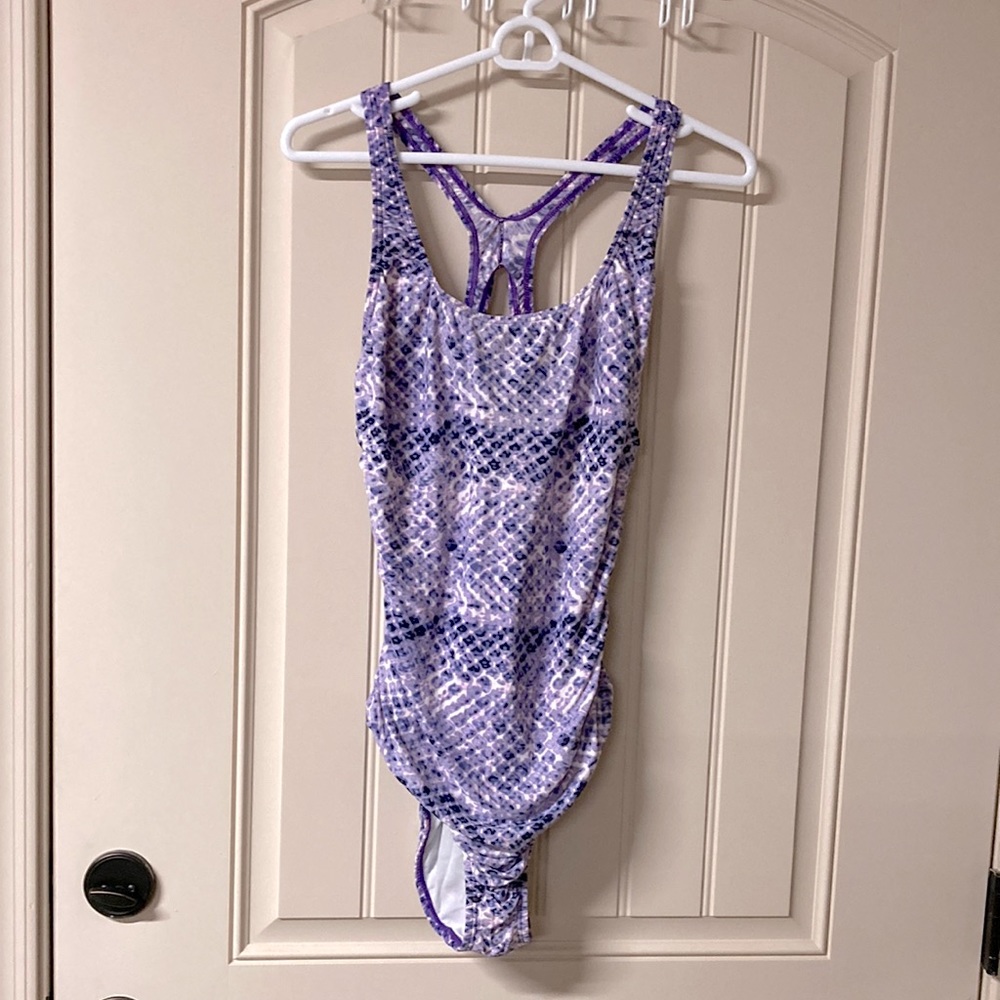 SPEEDO One Piece Swim Suit Purple & Pink Racer Back Ruching on the sides Size 12
